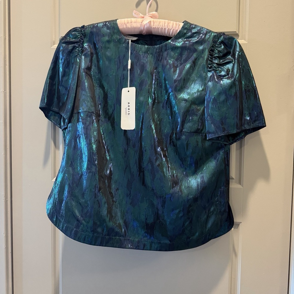 NWT Akris Punto Metallic Jacquard Puff Sleeve Blouse Spruce Night Sky Size 10
